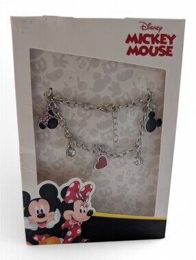 Disney Mickey Mouse Minnie Charm Bracelet Silver Tone Heart Rhinestone NIB New